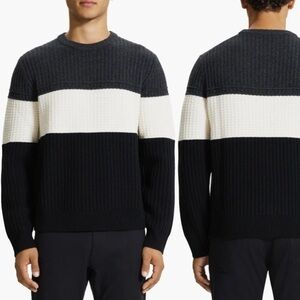 Theory Lamar Wool Cashmere Waffle Crewneck Black Gray Long Sleeve Sweater L